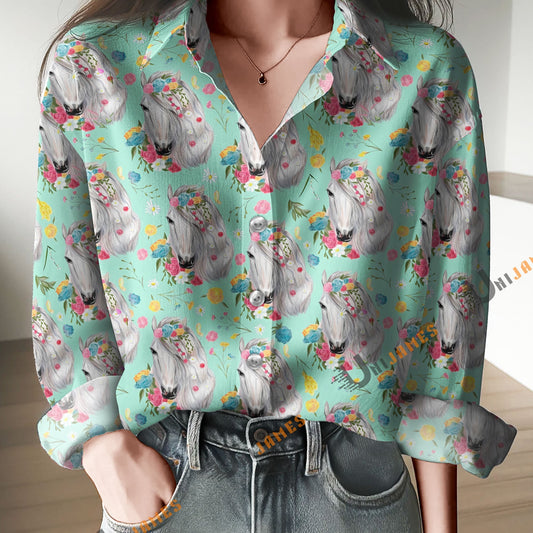 Unique Vintage Floral Horses Print Casual Long Sleeve Comfortable Shirt