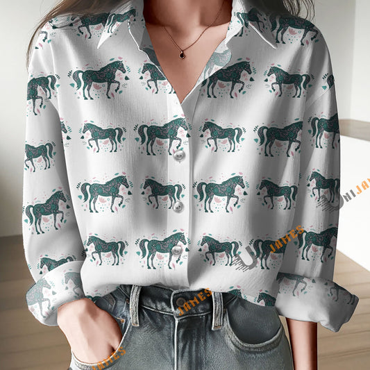 Unique Funky Floral Horse Print Casual Long Sleeve Comfortable Shirt