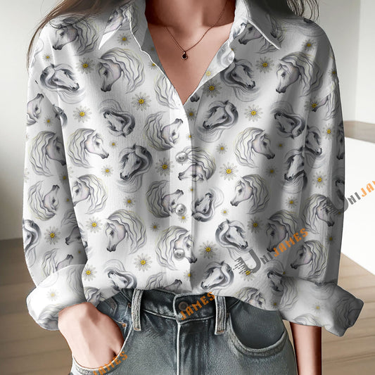 Unique Horse Pattern White Print Casual Long Sleeve Comfortable Shirt