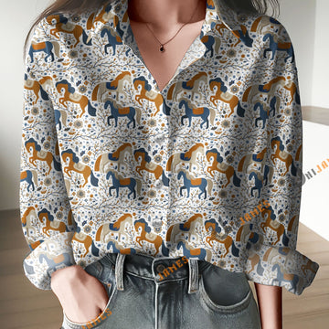 Unique Horse Flower Pattern Print Casual Long Sleeve Comfortable Shirt
