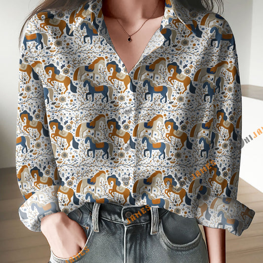 Unique Horse Flower Pattern Print Casual Long Sleeve Comfortable Shirt
