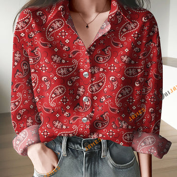 Unique Bandana Pattern Red Print Casual Long Sleeve Comfortable Shirt