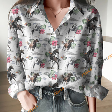 Unique Horse Aloha Pattern Print Casual Long Sleeve Comfortable Shirt