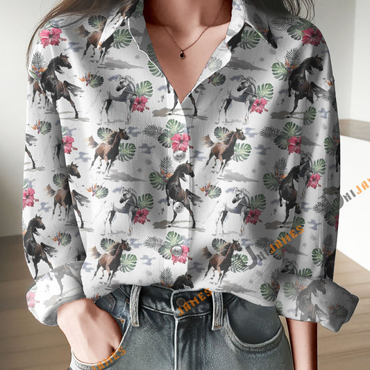 Unique Horse Aloha Pattern Print Casual Long Sleeve Comfortable Shirt