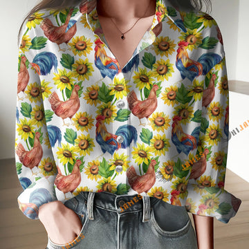 Unique Watercolor Chicken & Rooster Sunflower Print Casual Long Sleeve Comfortable Shirt