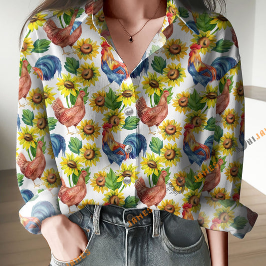 Unique Watercolor Chicken & Rooster Sunflower Print Casual Long Sleeve Comfortable Shirt