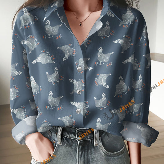 Unique Dear Stella Chickens Print Casual Long Sleeve Comfortable Shirt