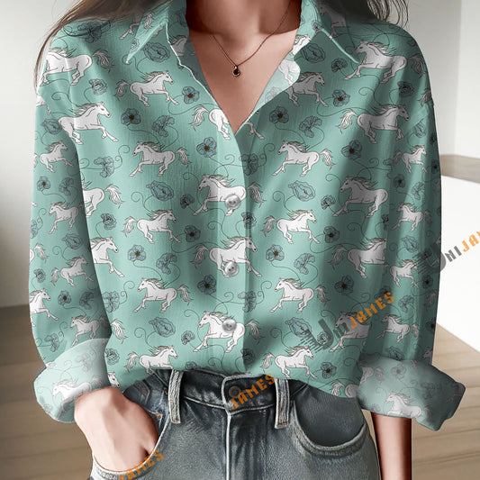 Unique Horse Pattern Mint Print Casual Long Sleeve Comfortable Shirt