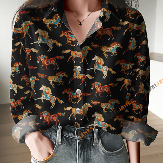 Unique Horse Pattern Print Casual Long Sleeve Comfortable Shirt