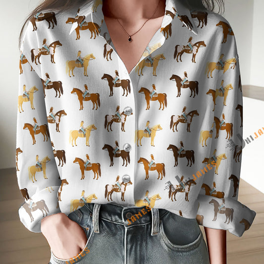 Unique Cowgirl On Horse Print Casual Long Sleeve Comfortable Shirt
