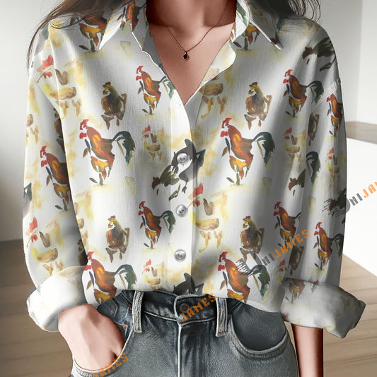 Unique Abstract Watercolor Rooster Print Casual Long Sleeve Comfortable Shirt