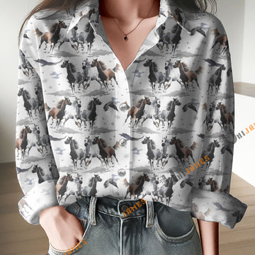 Unique 3 Horses Watercolor Art Print Casual Long Sleeve Comfortable Shirt