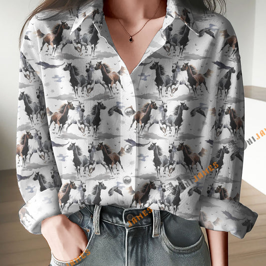 Unique 3 Horses Watercolor Art Print Casual Long Sleeve Comfortable Shirt