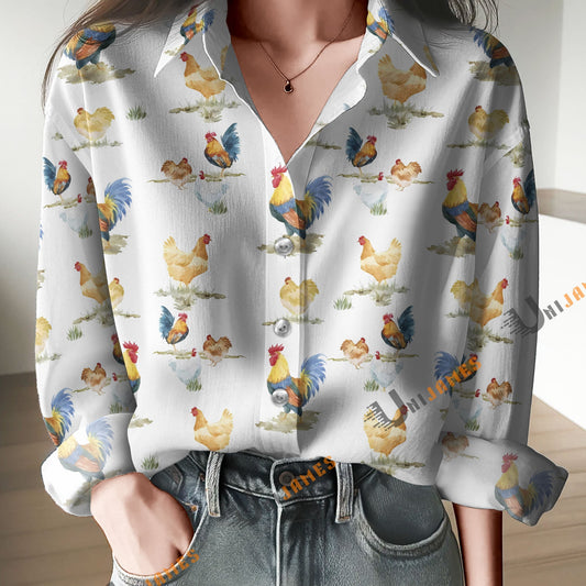 Unique Watercolor Rooster & Hen Print Casual Long Sleeve Comfortable Shirt