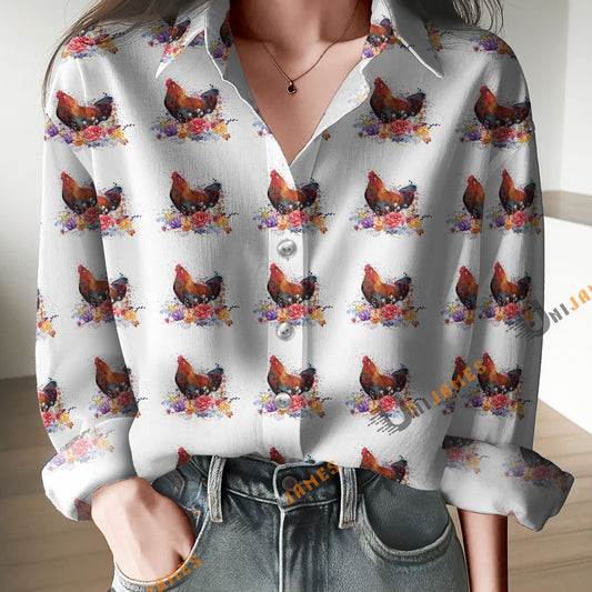 Unique Watercolor Rooster With Flowers Print Casual Long Sleeve Comfortable Shirt