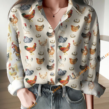 Unique Watercolor Allover Chicken Farm Print Casual Long Sleeve Comfortable Shirt