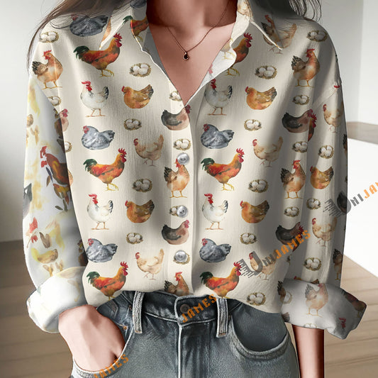 Unique Watercolor Allover Chicken Farm Print Casual Long Sleeve Comfortable Shirt