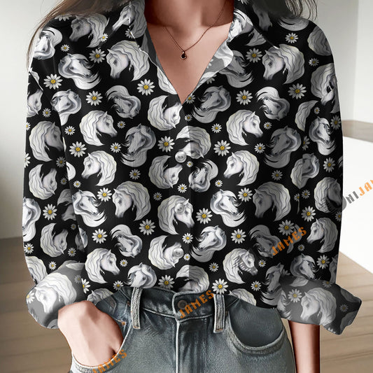 Unique Horse Pattern Black Print Casual Long Sleeve Comfortable Shirt
