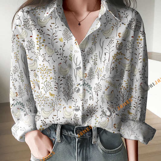 Unique Chickens In The Garden Print Casual Long Sleeve Comfortable Shirt