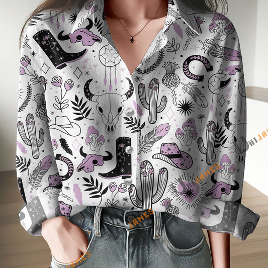 Unique Western Cowgirl Print Casual Long Sleeve Comfortable Shirt