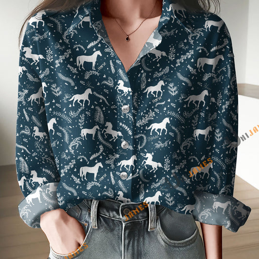 Unique Horse Navy Pattern Print Casual Long Sleeve Comfortable Shirt