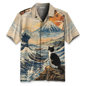 Cat Looking At The Great Wave Hawaiian Shirt