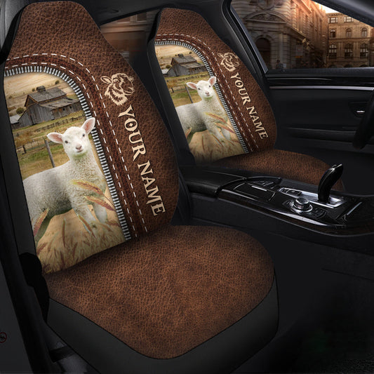 Uni Lambs Personalized Name Leather Pattern Car Seat Covers Universal Fit (2Pcs)