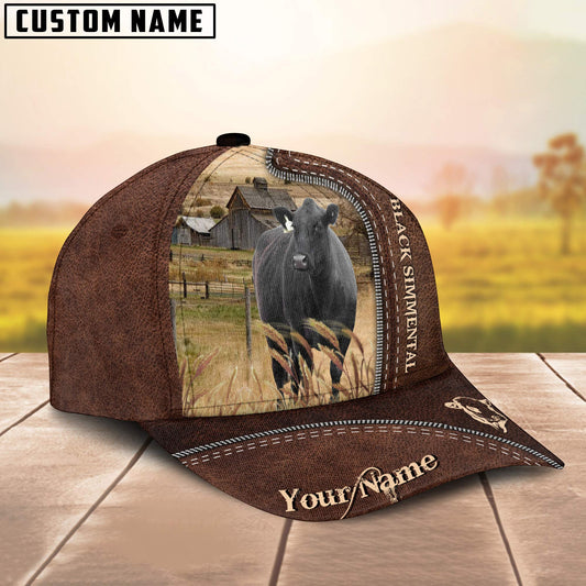 Uni Black Simmental Customized Name Leather Pattern Cap