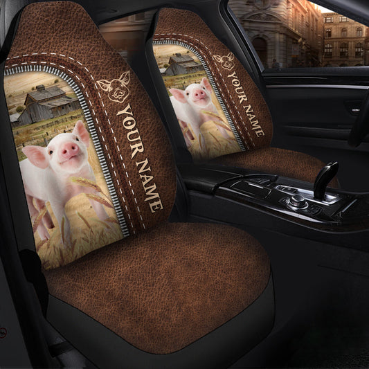 Uni Pig Personalized Name Leather Pattern Car Seat Covers Universal Fit (2Pcs)