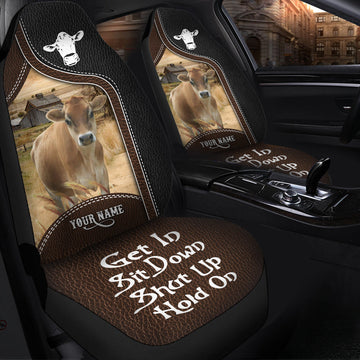 Uni Jersey Personalized Name Black And Brown Leather Pattern Car Seat Covers Universal Fit (2Pcs)