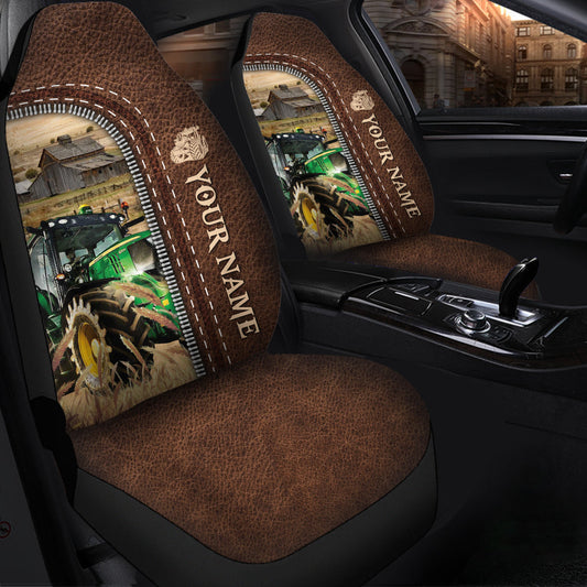 Uni Tractor Personalized Name Leather Pattern Car Seat Covers Universal Fit (2Pcs)