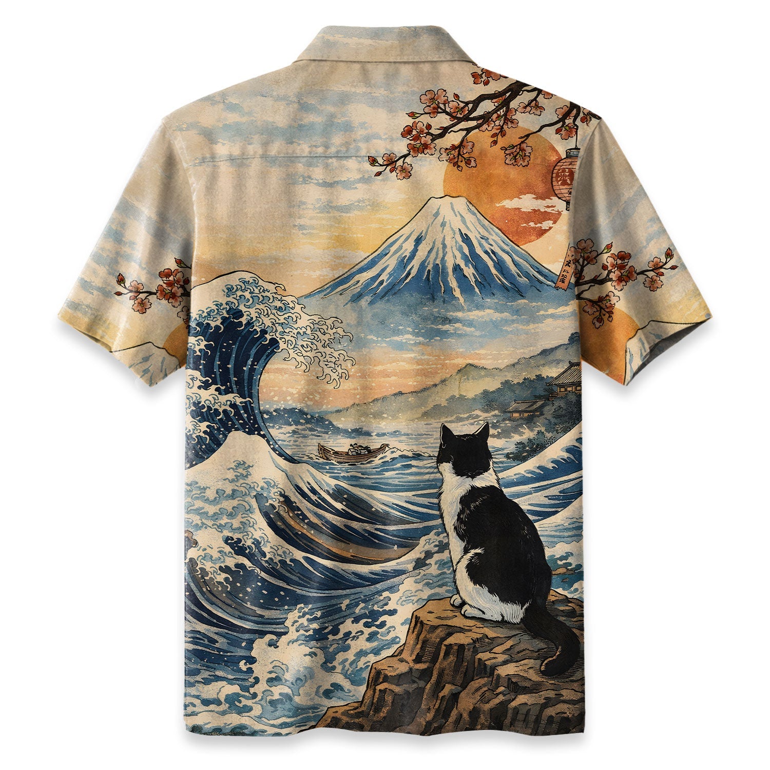 Cat Looking At The Great Wave Hawaiian Shirt