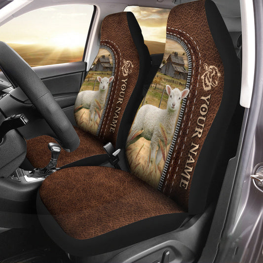 Uni Lambs Personalized Name Leather Pattern Car Seat Covers Universal Fit (2Pcs)