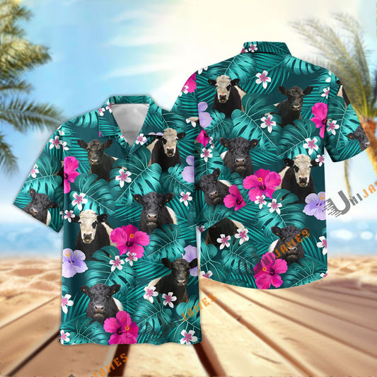 Uni Belted Galloway Green Flowers Summer Pattern Hawaiian Shirt