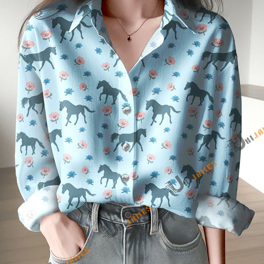 Unique Horse Flower Blue Print Casual Long Sleeve Comfortable Shirt
