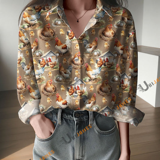 Unique Chicken Coop Print Casual Long Sleeve Comfortable Shirt