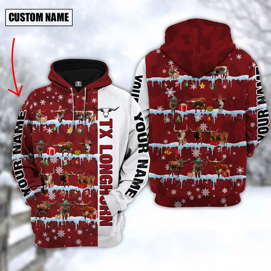 Uni Personalized Name Texas Longhorn Cattle Christmas 3D Hoodie