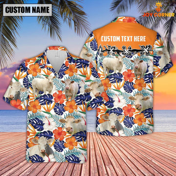 Unique Charolais No Horn Hibiscus Blue Floral Custom Name 3D Hawaiian Shirt