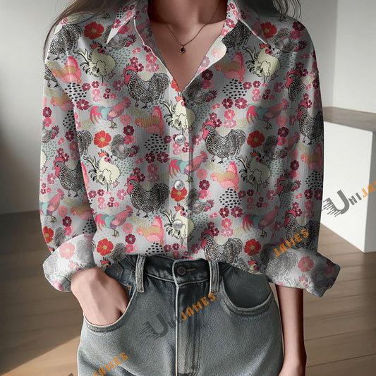 Unique Rooster Parade Pattern Black Print Casual Long Sleeve Comfortable Shirt