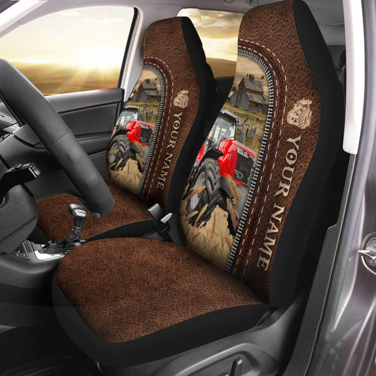 Uni Red Tractor Personalized Name Leather Pattern Car Seat Covers Universal Fit (2Pcs)