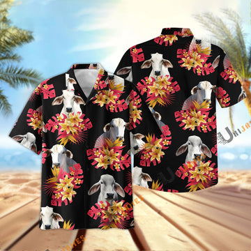 Unique Brahman Black Red Flowers Pattern Hawaiian Shirt