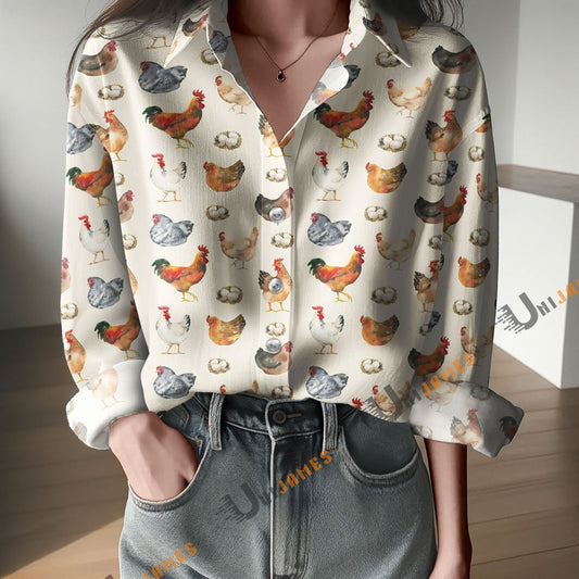 Unique Watercolor Allover Chicken Farm Print Casual Long Sleeve Comfortable Shirt