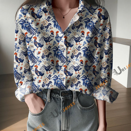 Unique Blue Chickens on White Print Casual Long Sleeve Comfortable Shirt