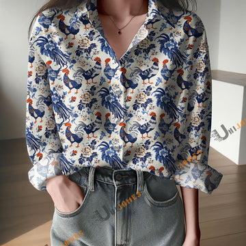 Unique Blue Chickens on White Print Casual Long Sleeve Comfortable Shirt