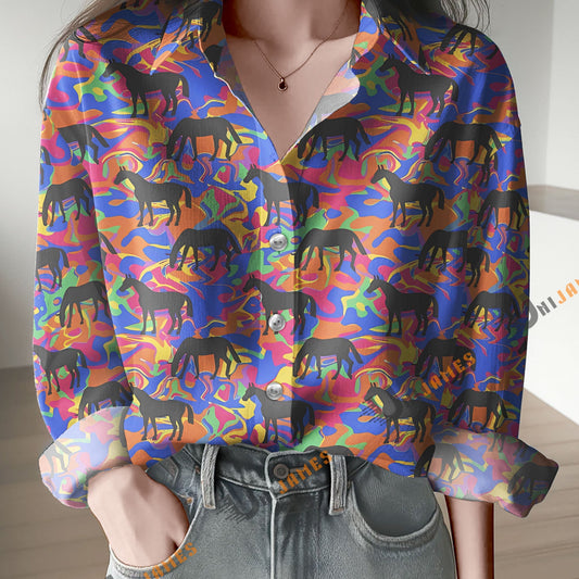 Unique Elegant Black Horses On Rainbow Print Casual Long Sleeve Comfortable Shirt