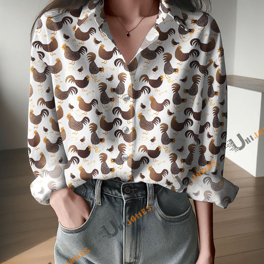 Unique Whimsical Farm Chickens and Chicks Print Casual Long Sleeve Comfortable Shirt