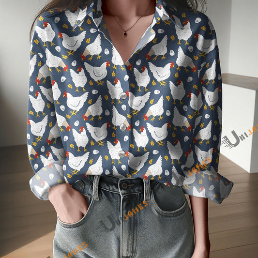 Unique Chickens And Eggs On Navy Blue Print Casual Long Sleeve Comfortable Shirt