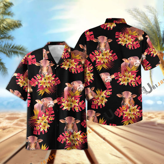 Unique Beefmaster Black Red Flowers Pattern Hawaiian Shirt
