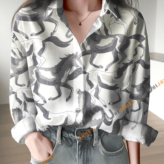 Unique Vintage Horse Pattern Print Casual Long Sleeve Comfortable Shirt