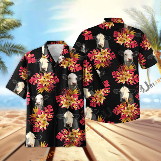 Unique Black Baldy Black Red Flowers Pattern Hawaiian Shirt